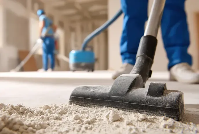 Cleaning professional vacuuming carpet in a commercial space