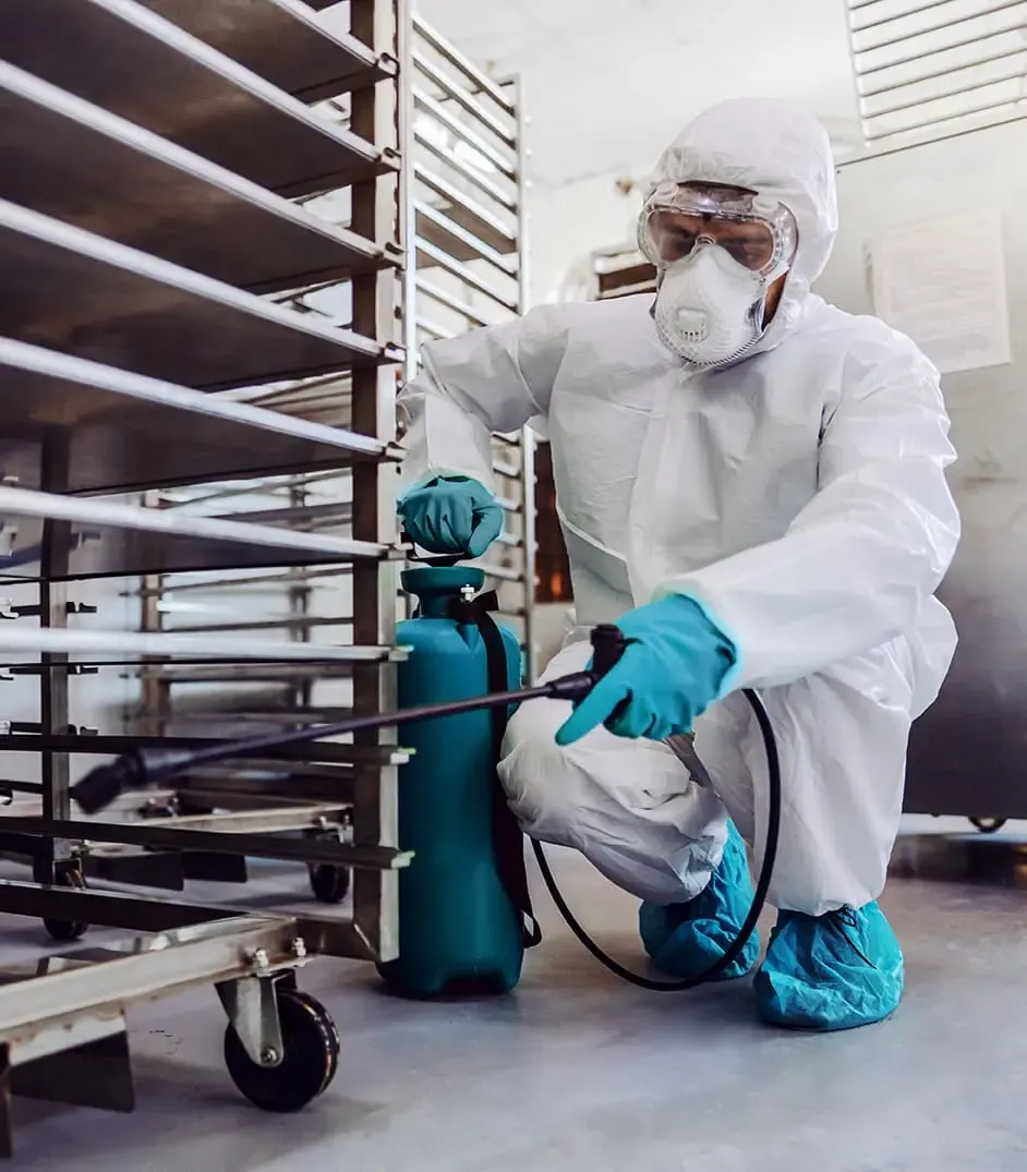 A professional cleaning specialist working in a controlled environment